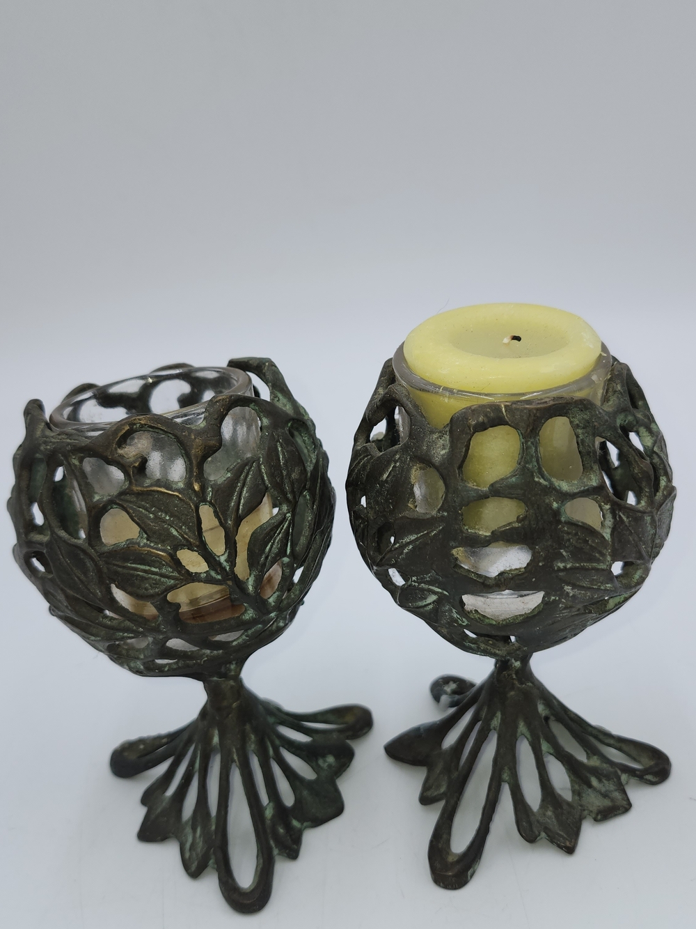 2 antique vintage 5" metal cast silver tone patina votive candle holder Open